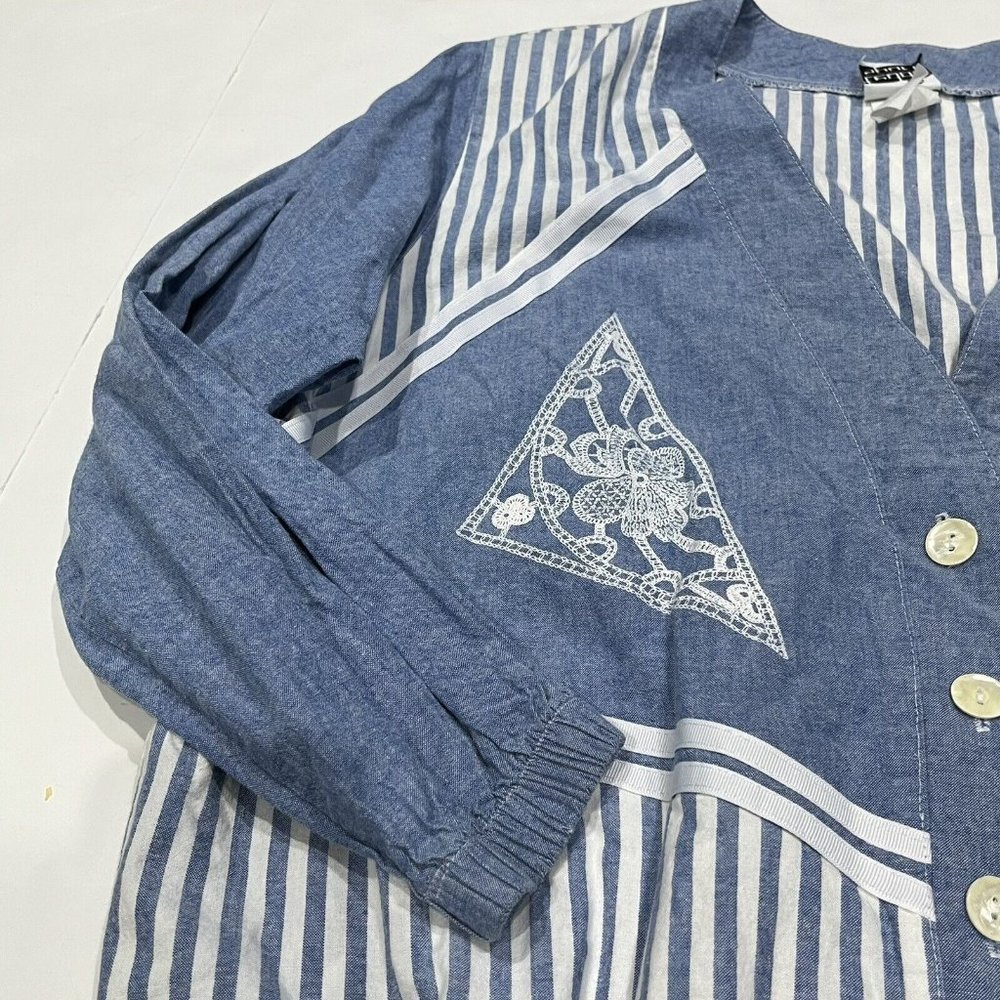 Vintage 80s Blue White Striped Cotton Pearl Button Oversized Jacket Women Medium - Picture 5 of 16